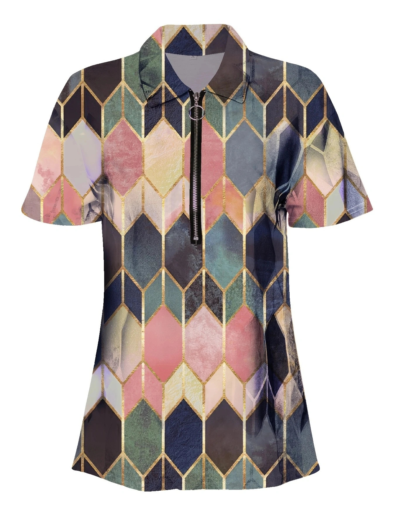 Versatile All-Season Womens Polo Shirt- Easy-CareStretch Comfort with Stylish Zip and Geometric n for Everyday Casual Wea 250609
