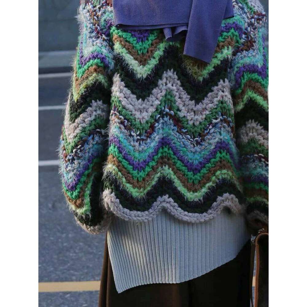 Handmade Autumn Winter Women's Rainbow Colored Sweater Cardigan Round Neck Knitted Coat C-200