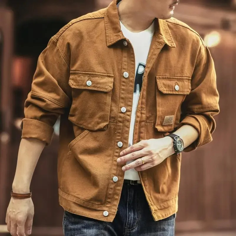 Cargo Oversize Cowboy Coat for Men Brown Cotton Denim Jackets Man Joker of Fabric Korea Japanese Retro Outerwear Size L y Worn 250614