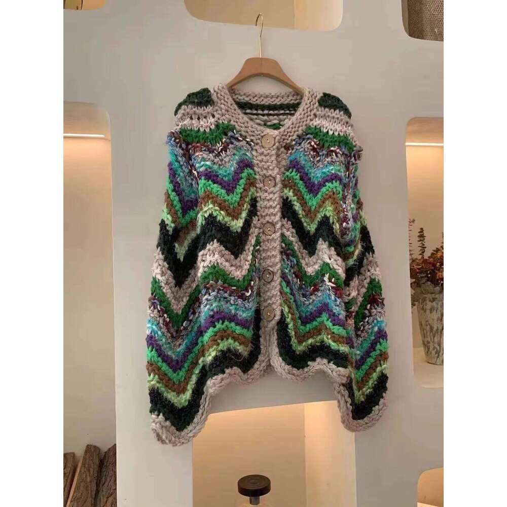 Handmade Autumn Winter Women's Rainbow Colored Sweater Cardigan Round Neck Knitted Coat C-200