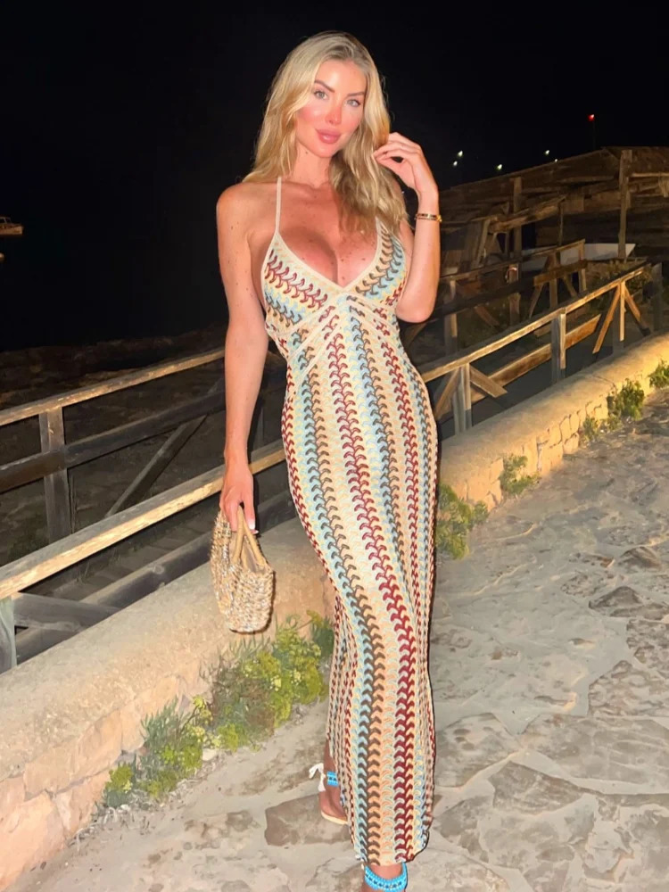Women Fashion Colorful Stripe Knit Long Dress Elegant Sleeveless V Neck Backless High Waist Bodycon Robe Beach Dresses 250611