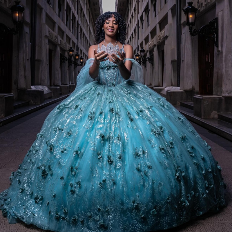 Mint Green Quinceanera Dresses Ball Gown Off The Shoulder Sequin Applique Flower Beading Crystal Tull Sweet 16 Dress Vestidos 15 De Anos