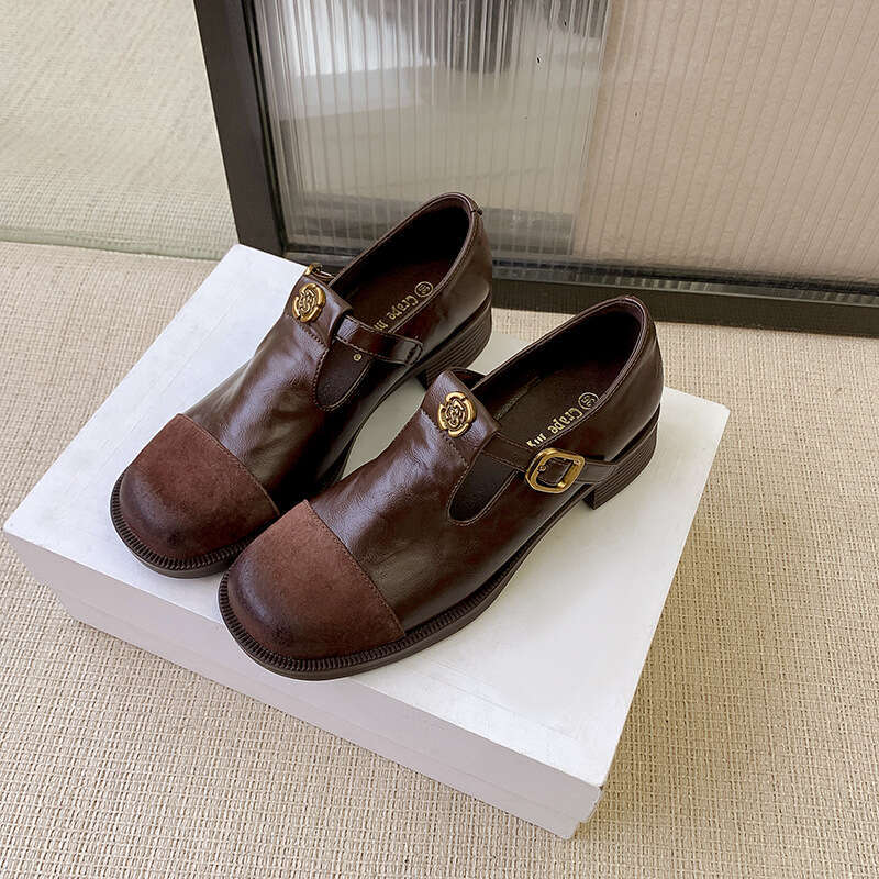 Cowhide Version Spring New T-Buckle Mary Jane Women Brown Loafers hot Low Heel Single Small Leather Shoes Trendy
