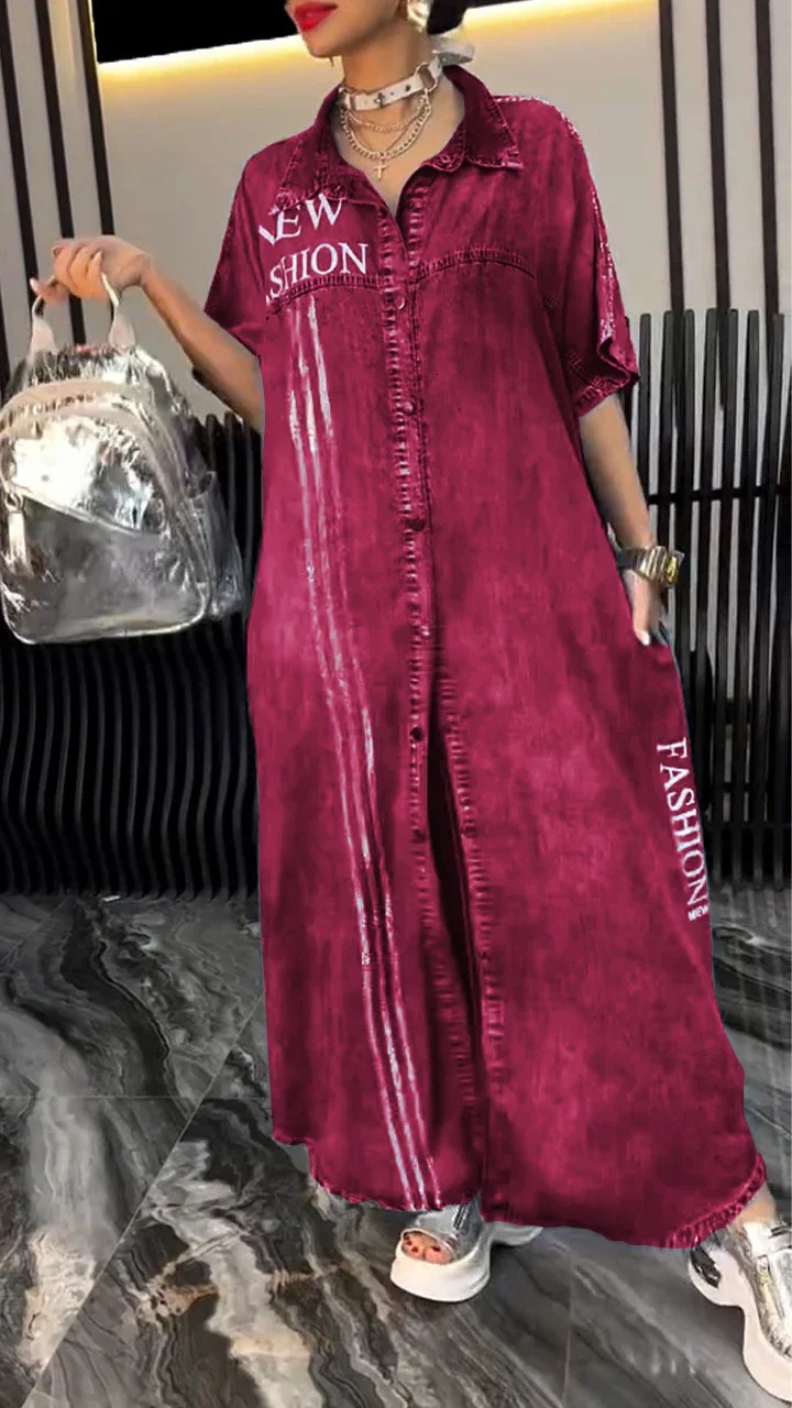 Women Lapel Tencel Denim Comfort Fashionable Dress Letter Print Denim Summer Retro Casual Loose Single-breasted Shirt 250609