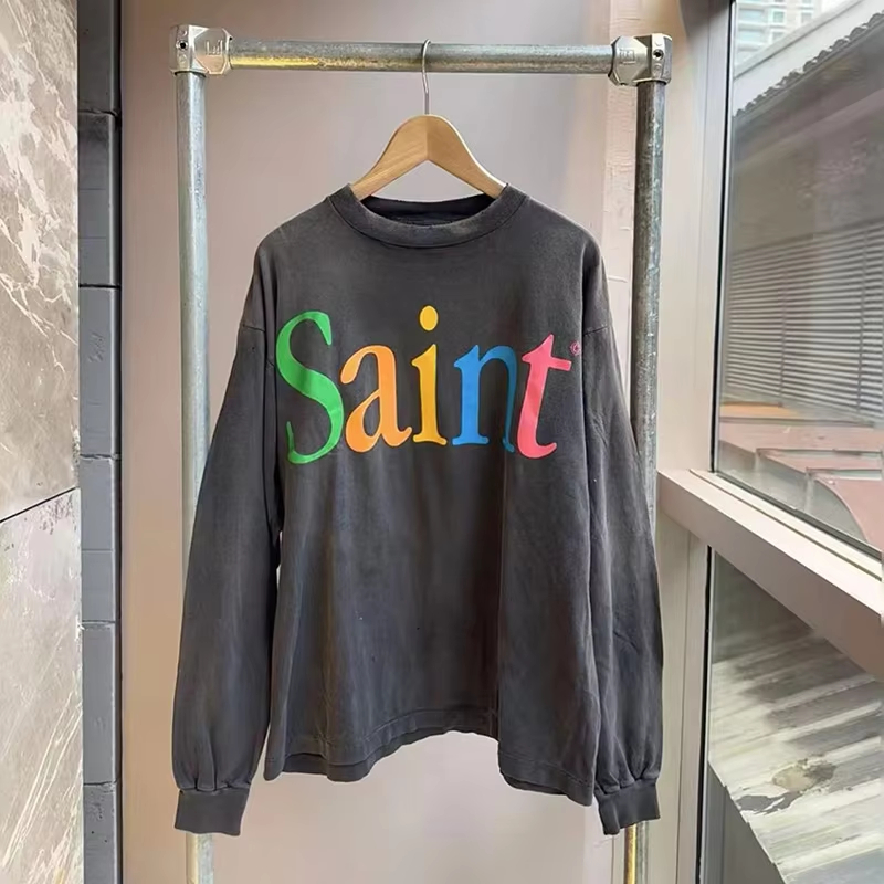 Classic Colorful Letters Print Long Sleeved T-Shirt Men Women Casual Vintage Washed Black Oversized T Shirt Cotton