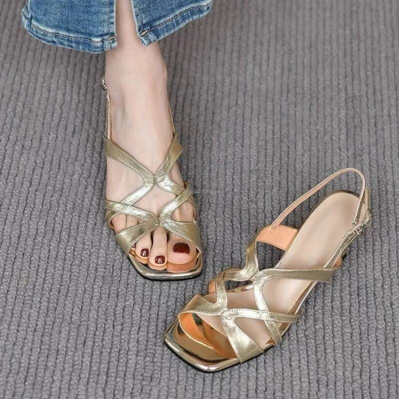 2025 Summer Women s Sandals New Buckle Fashion Designer Square Toed Stiletto High Heels Solid Color Elegant Slippers Outdoor Casual Flip Flops