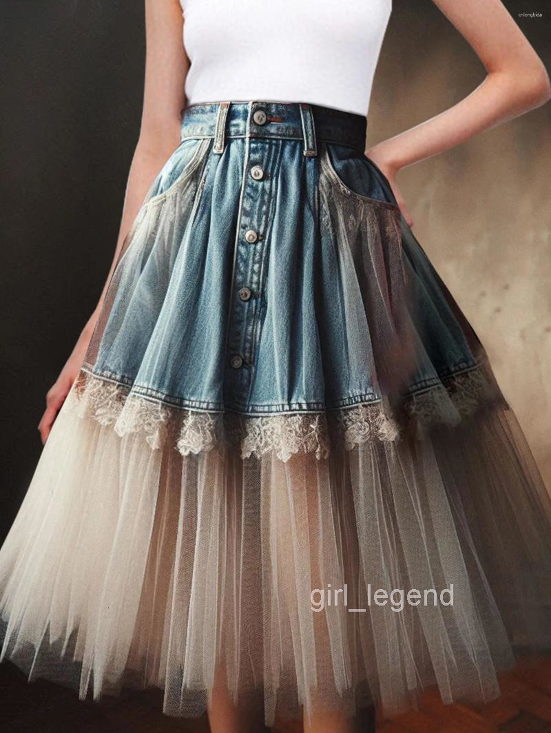 Casual Dresses Boho Chic Womens High Rise Denim Midi Skirt Lace Tulle Patchwork Design Vintage A-Line Streetwear Fashion Summer 2025
