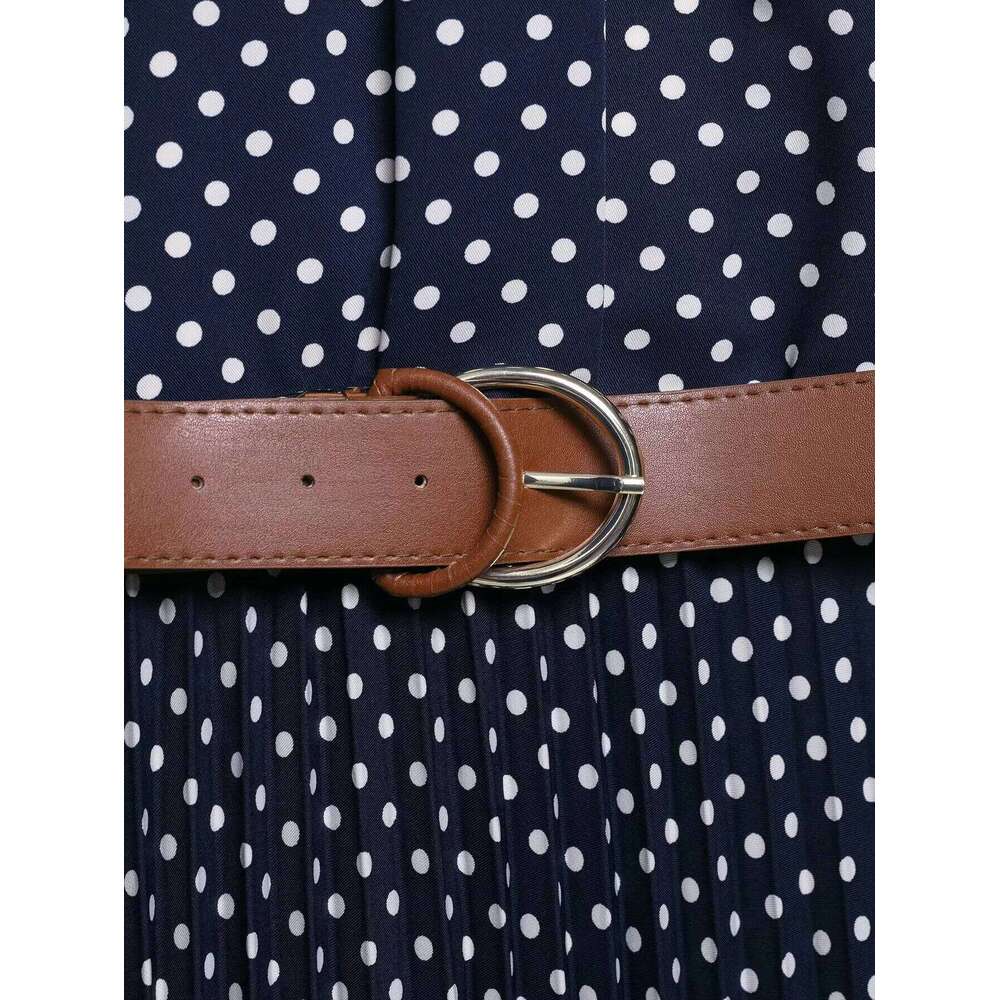 Women's Elegant And Stylish Sleeveless Off Shoulder Halter Neck Mid Length Polka - Dot Dress With Belt Decoration