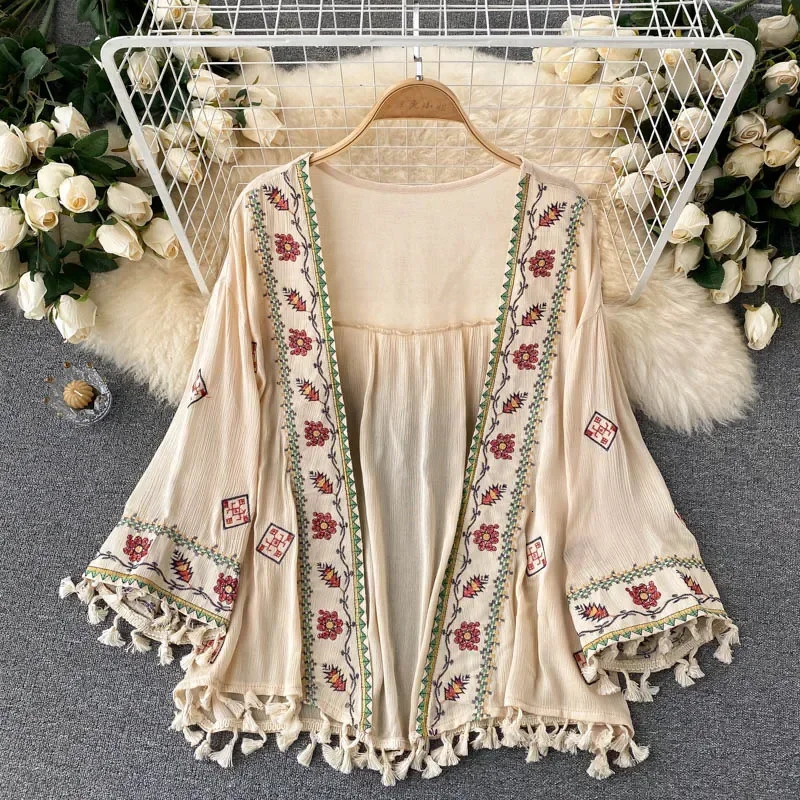 Summer Womens Shirt Bohemian Holiday Style ed Tassel Chiffon Cardigan Waist Female Slim Short Tops 250614