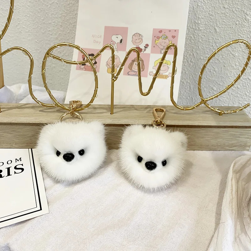 Cute Real Mink Fur Plush Pomeranian Dog Doll Key Rings Funny Anime Car Keychain Handmade Cartoon Clown Keyring Pendant Toys 250610