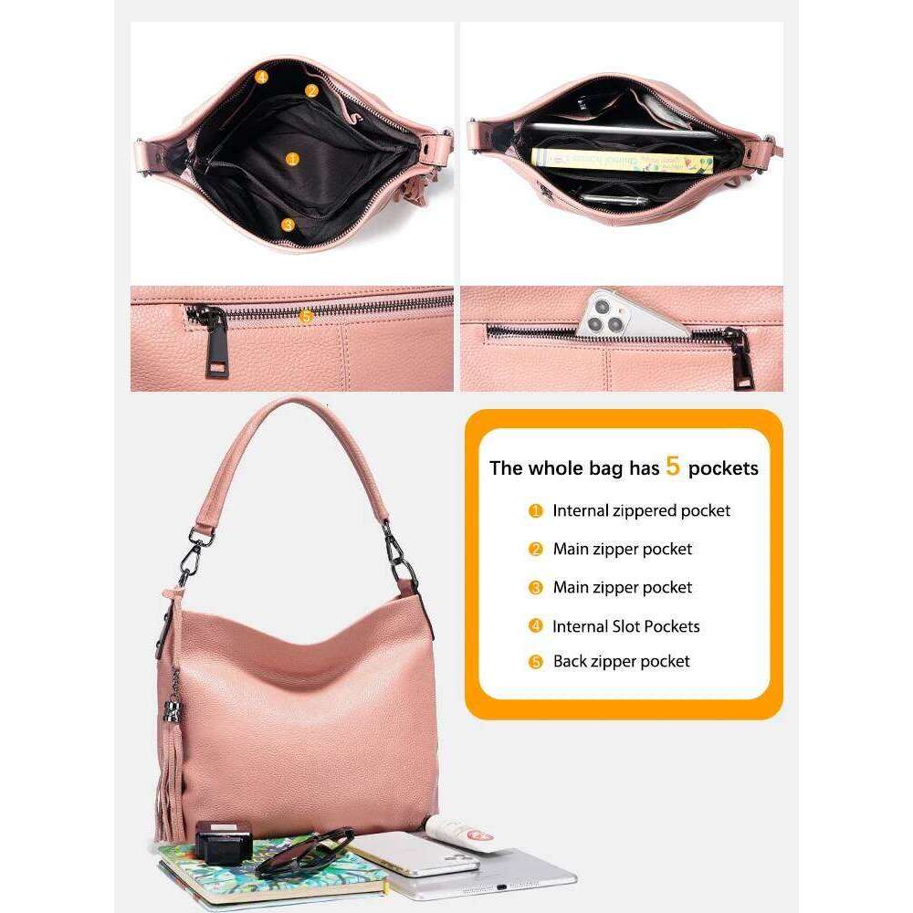 Zency Elegant For Women 100% Cowhide Leather Shoulder Handbag Crossbody Bag Large Capacity Tassel Hobo Bags
