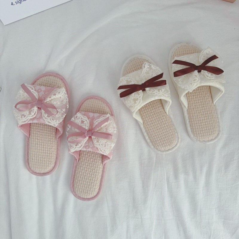 Ladies' breathable linen slippers, spring and summer lace bow shoes, indoor non slip sandals, designer sandals, cotton and linen slippers