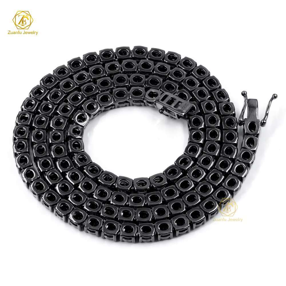 Custom Unisex Fine Jewelry 925 Sterling Silver Black Gold Plated Gra Black Mossanite Moissanite Diamond Tennis Chain Necklace