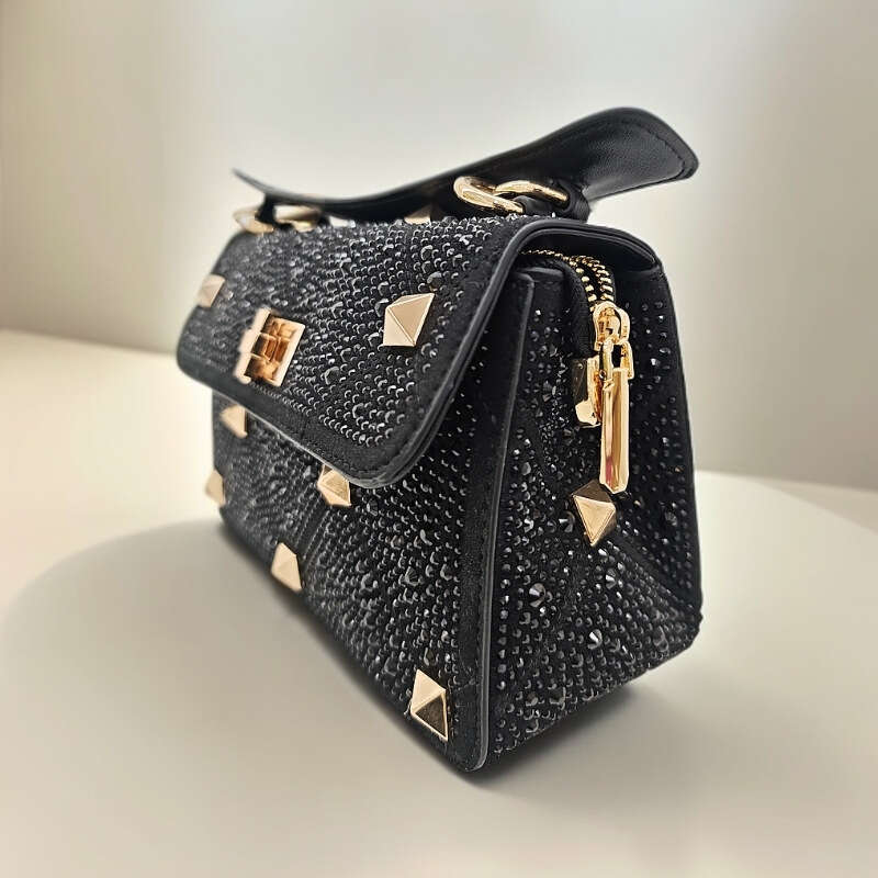 Fashion Studded Women's Rhinestone Chain High-end Genuine Leather Inlaid Shoulder Handbag Crossbody Bag