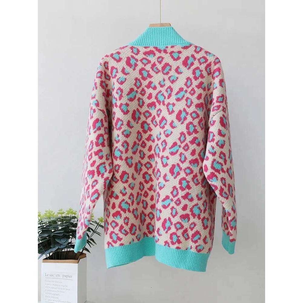 Aoaiiys Leopard Knitted Cardigan for Women Sweater Contrast Color Button V-neck Long Sleeve Coat Autumn Winter Fashion Cardigans