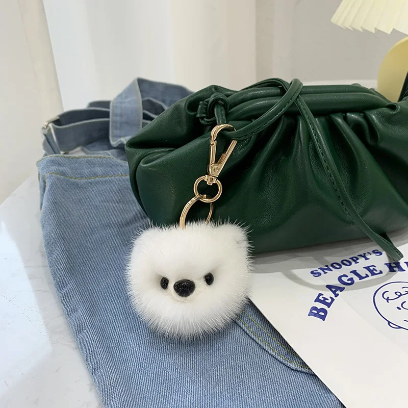 Cute Real Mink Fur Plush Pomeranian Dog Doll Key Rings Funny Anime Car Keychain Handmade Cartoon Clown Keyring Pendant Toys 250610