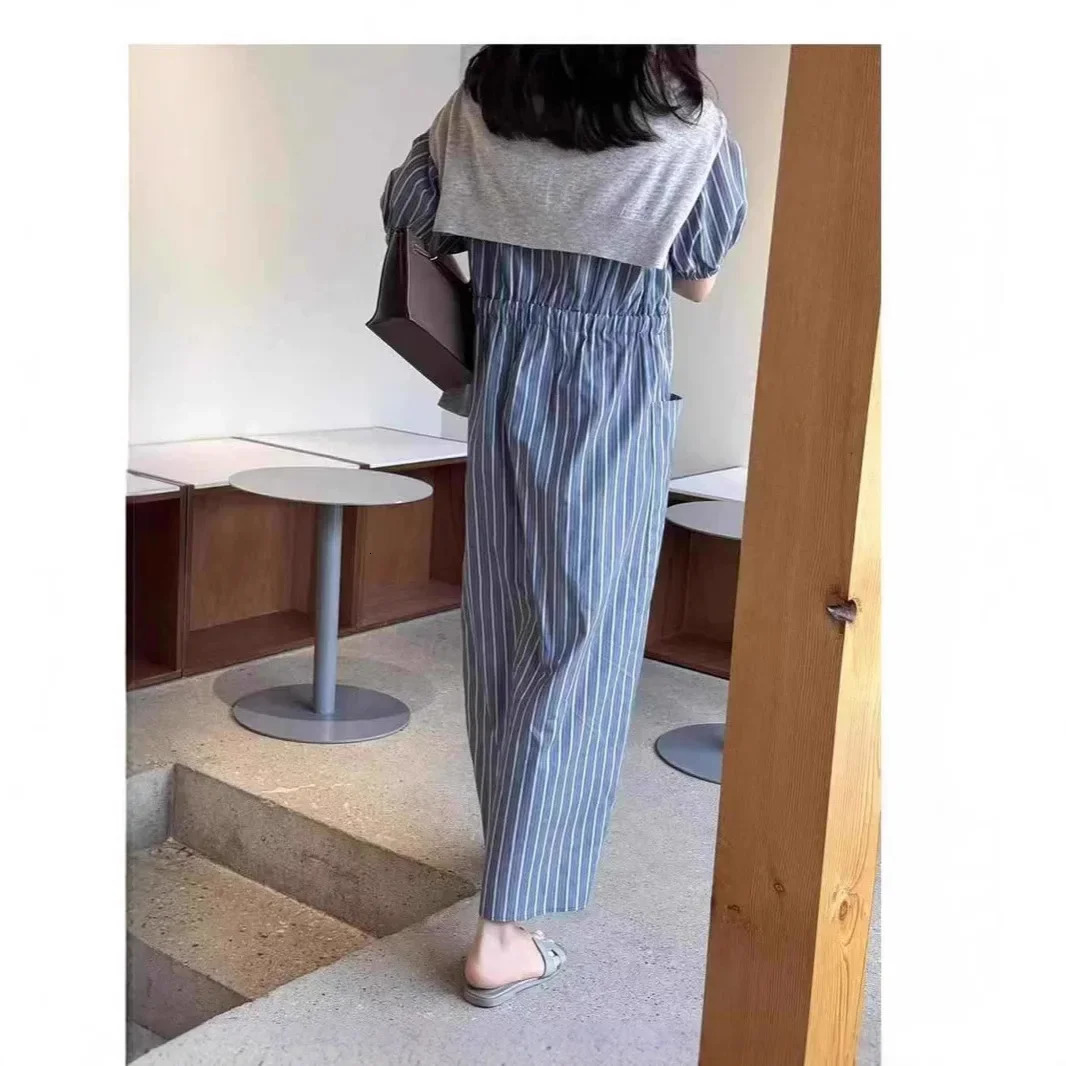 Casual Korean Style Striped Short Sleeve Loose Dress Summer Fashion Womens Ankle-length Dress Empire Waist Bubble Sleeve 250613