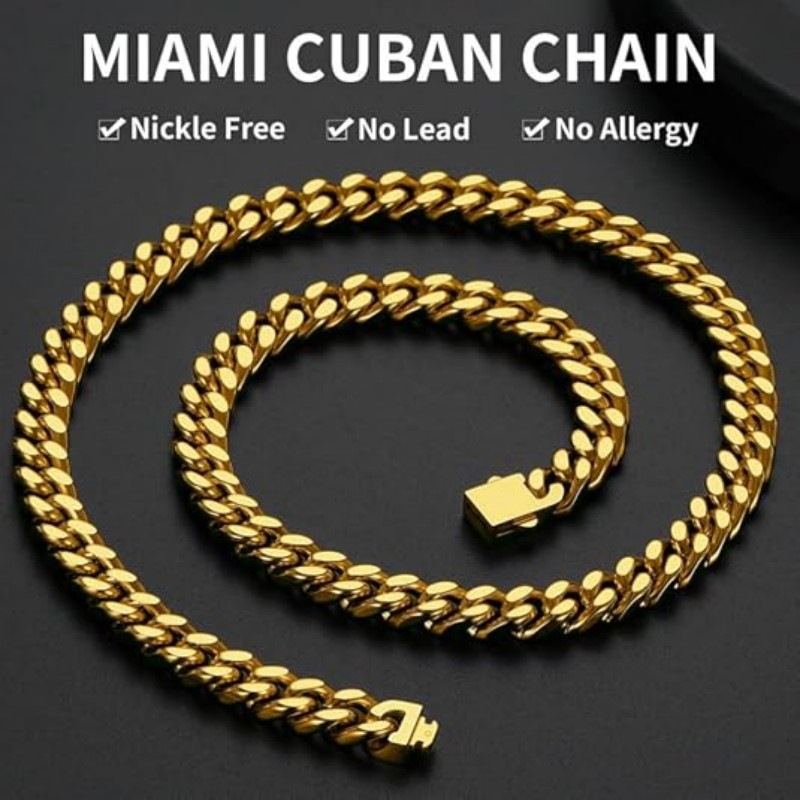 Stainless Steel Men's Cubic Link Chain - Black/Gold Finish