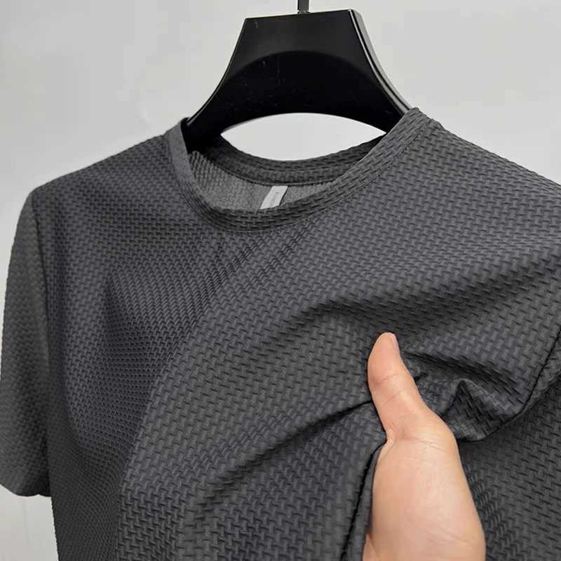 Ice silk bamboo mesh T-shirt mens short sleeved round neck high-end summer thin solid color basic youth fashion polo shirt W250616