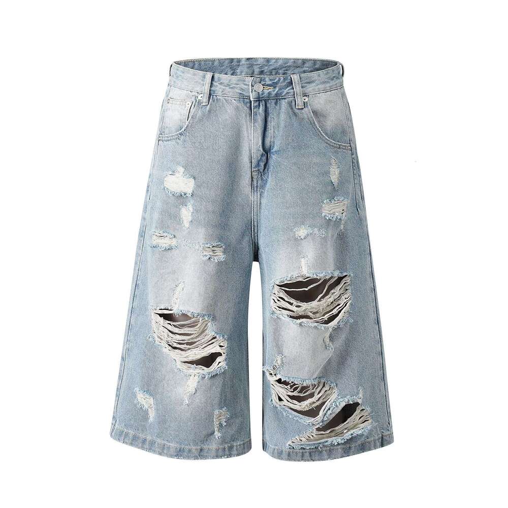 25FW New Men's Denim Summer Ins Trendy Five-Point Loose Casual Ripped Shorts
