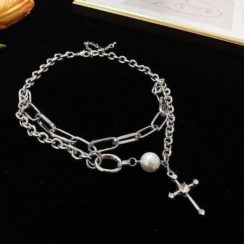 Fashion Metal Rhinestone Cross Pearl Necklace for Women Men Vintage Multilayer Punk Chain Choker Hip-Hop Jewelry W250616