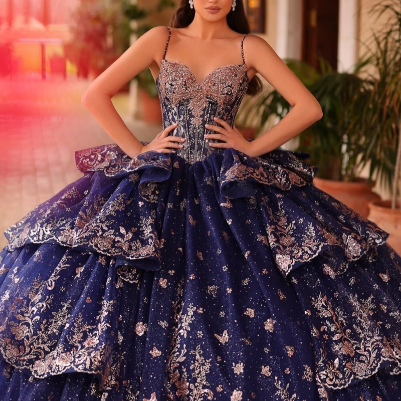 Navy Blue Shiny Quinceanera Dresses Ball Gown Spaghetti Strap Lace Beading Crystal Tiered Tull Sweet 16 Dress Vestidos 15 De Anos