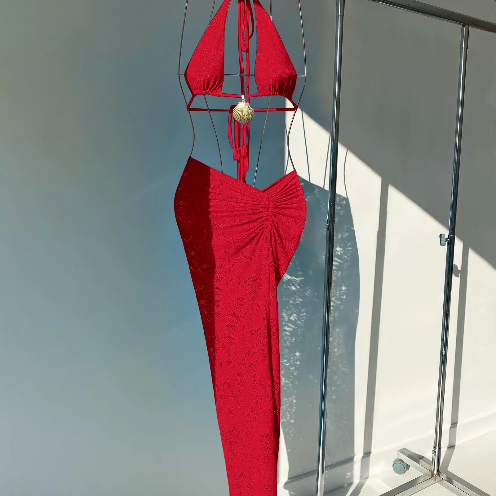 3Pcs Lace Bikini With Long Skirt Sexy Swimsuit Women Swimwear Female Bandeau Biquini High Cut Bathing Suit Beachwear Cover Up 250614