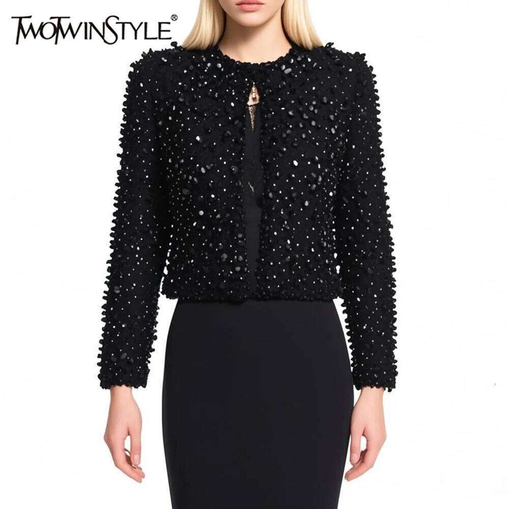 TWOTWINSTYLE Solid Slimming High Street Coat for Women Round Neck Long Sleeves Patchwork Bead Fashion Jackets Female Clothing