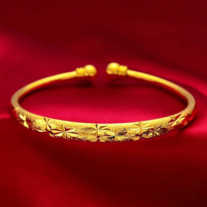 Never Fade Yellow Gold Color Stars Smooth Frosted Cuff Bangle for Women Size Adjustable High Quality Luxury Jewelry Z250616