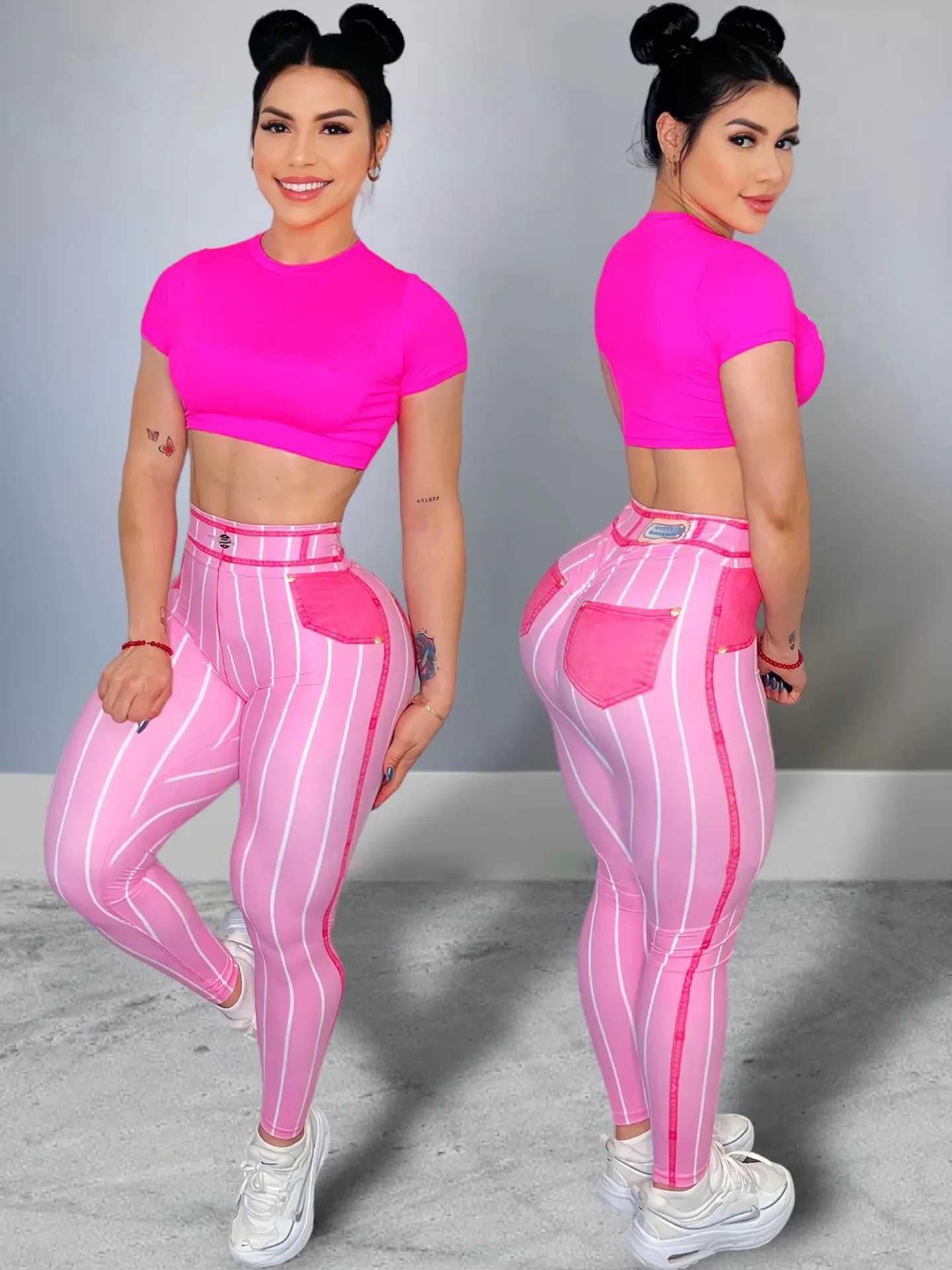 Women High Waist Sports Leggings Stripe Print Stretchable Yoga Pants Sexy Tight Fitness Workout Gym Push Up Causal PantXJ250616