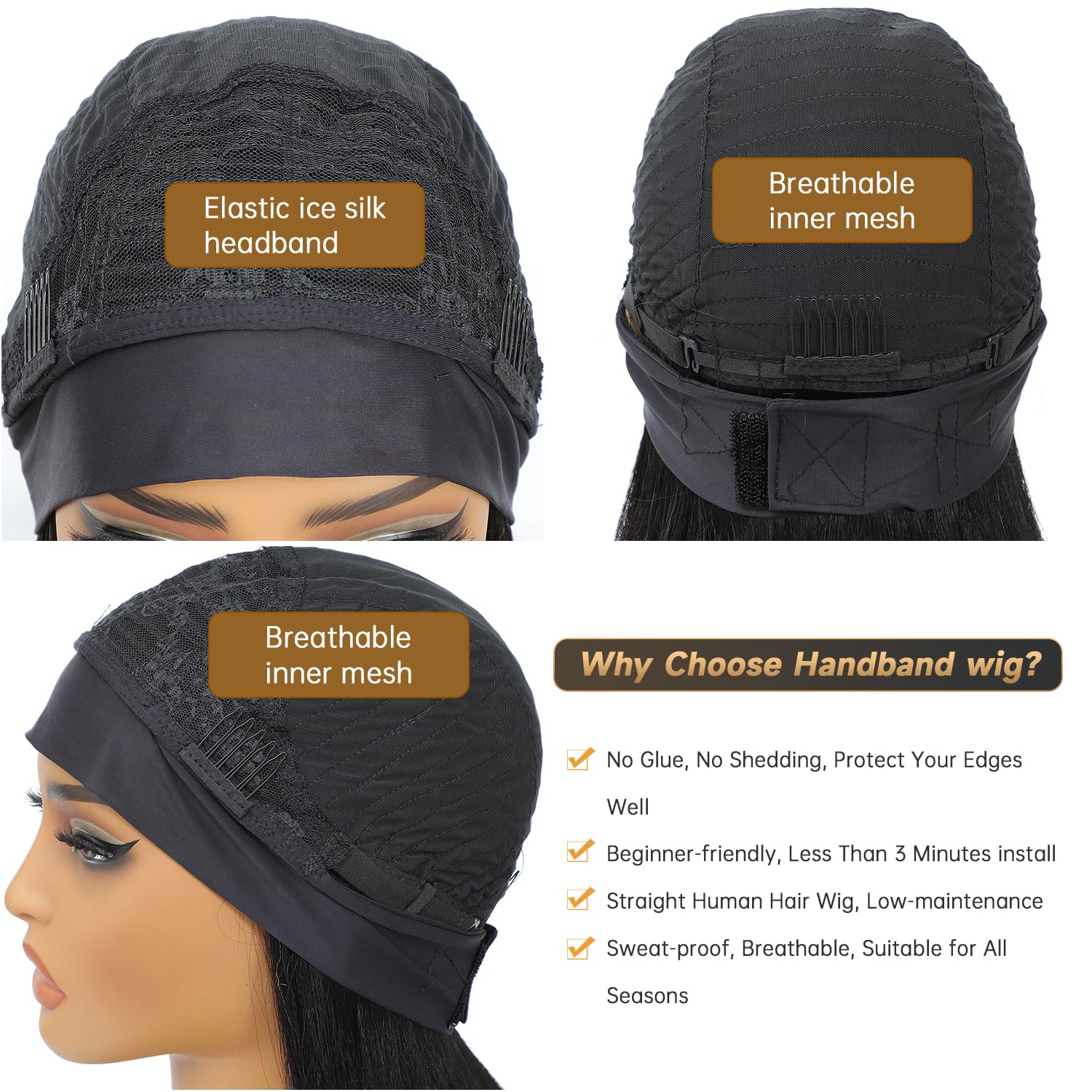 Headband wigs human hair 360,14 Inch Glueless Wig Short None Lace Front Short human hair wig for Black Women Natural Black 150% Density