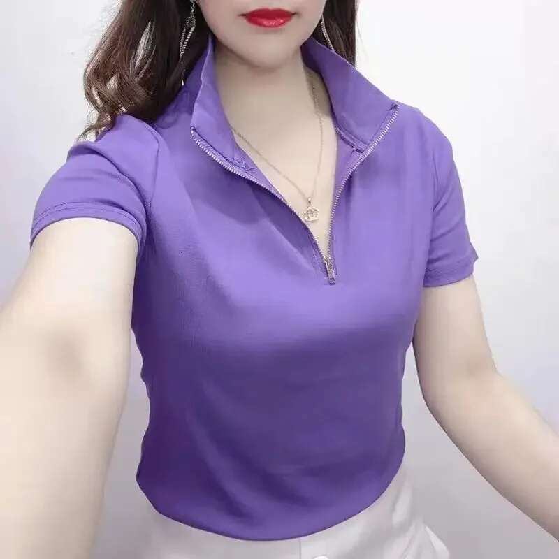 Polo Neck Shirt for Women Plain Slim Cotton Red Womens Woman T Clothing Trend 2025 Pulovers Korean Style Luxury in Fashion