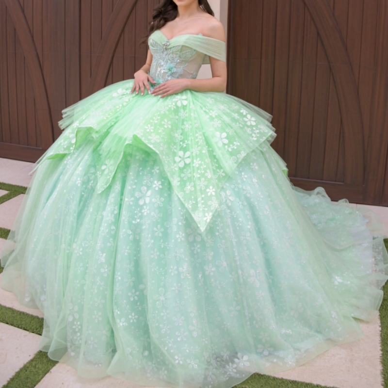 Green Shiny Quinceanera Dresses Ball Gown Off The Shoulde Sequin Applique Lace Beading Tull Corset Sweet 16 Dress Vestidos 15 De Anos