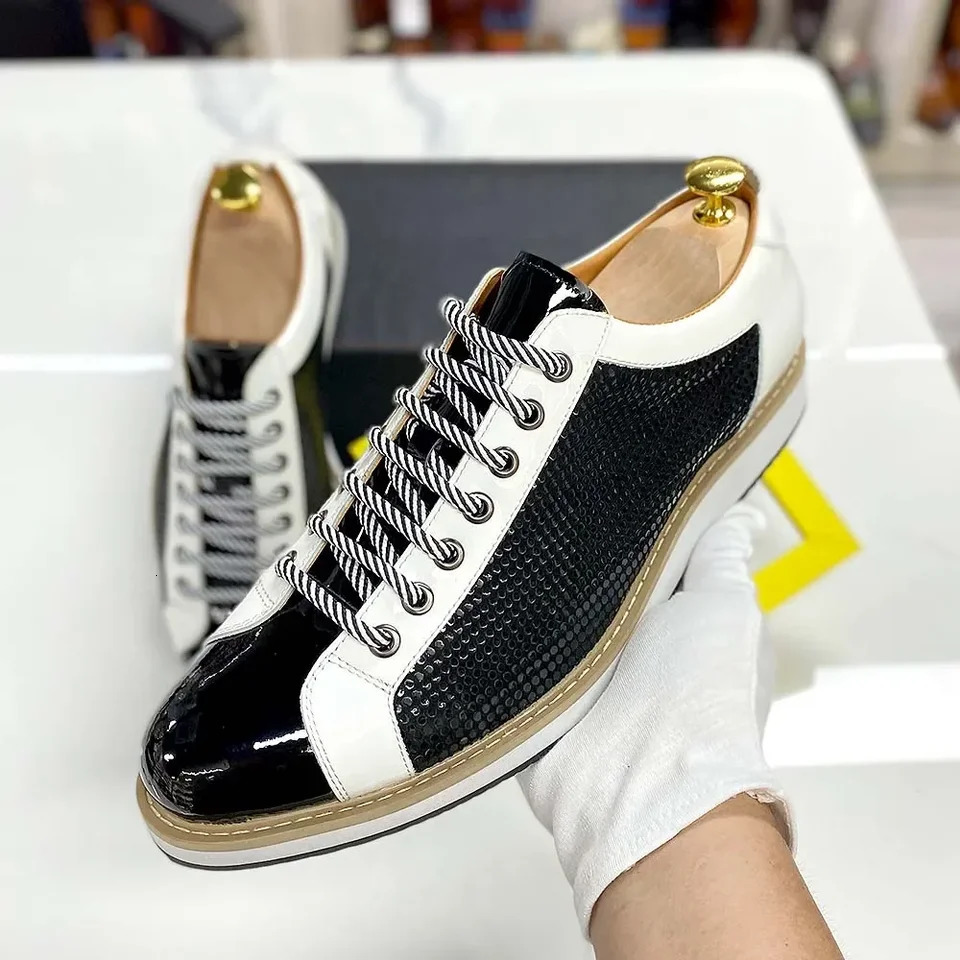 Large Size Mens Flat Sneakers 6 to 13 Patent Leather Laceup Black White Casual Shoes for Men 250612