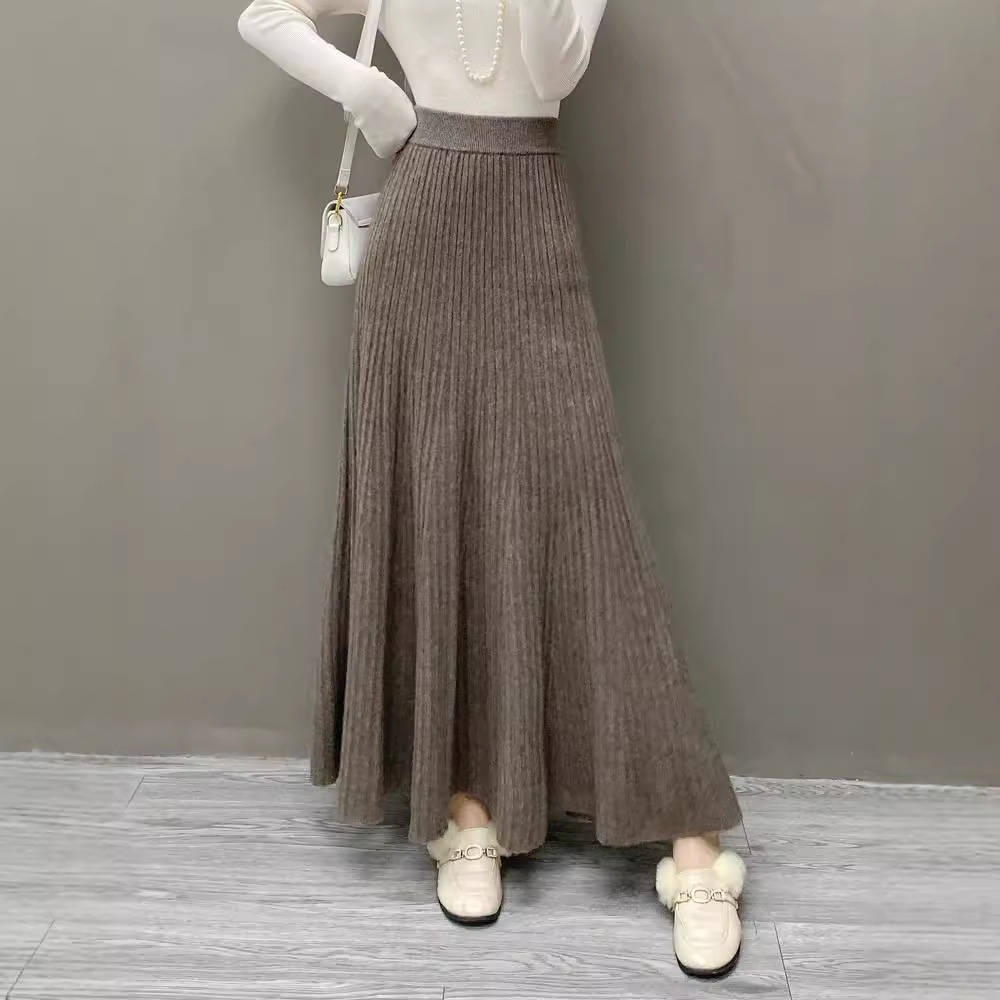 XR190 Women's Autumn and Winter Knitted Cashmere Pleated Skirt Solid Color Warm A-line Knitted Skirt