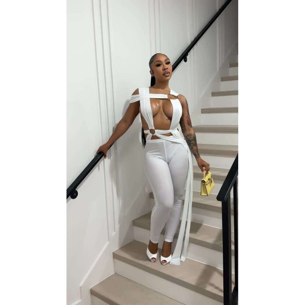 Summer New Women's Sexy Slim Hollow Out Ring Cross Tie Ribbon Bodycon Jumpsuit B5