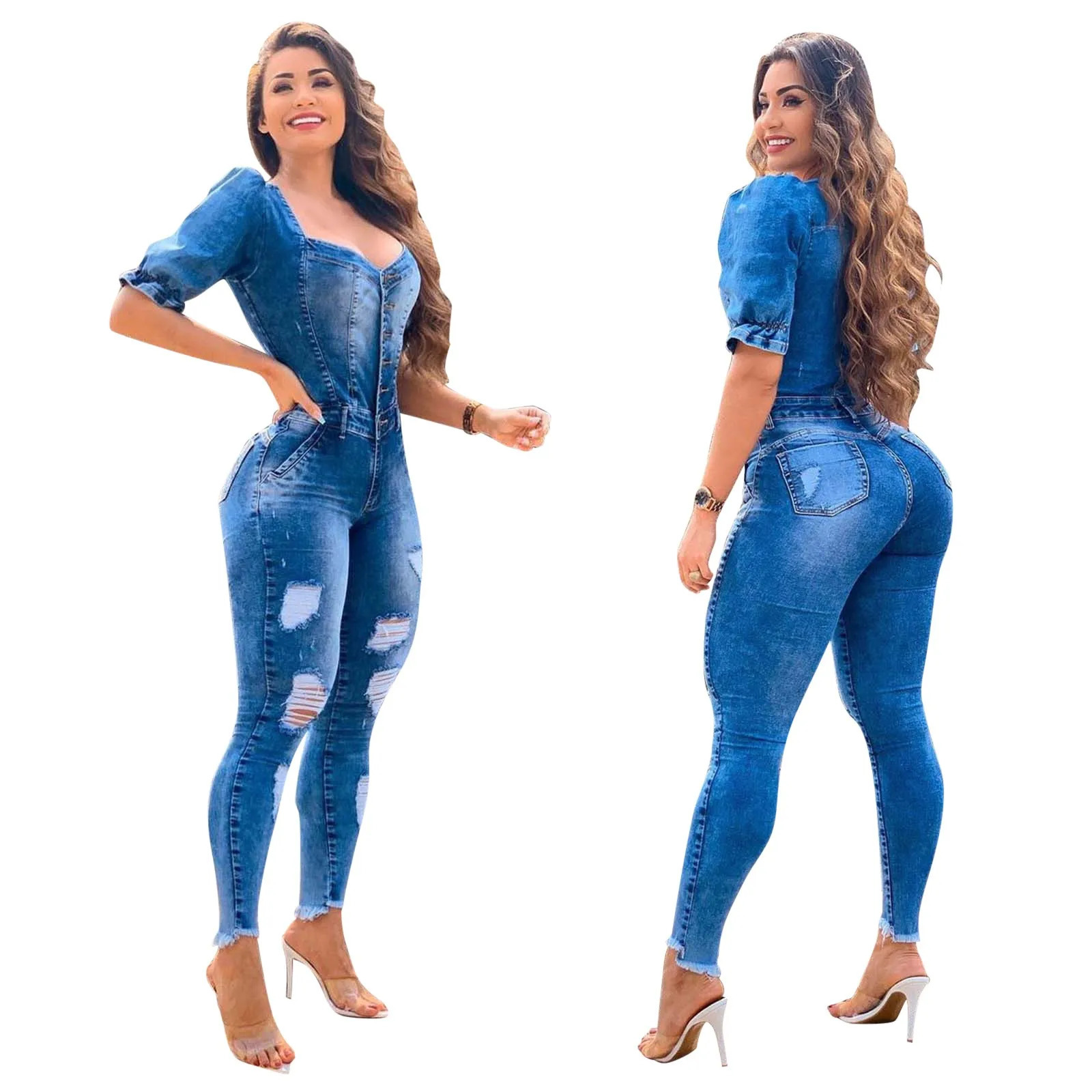Ripped Hole Denim Overalls Women Jeans Jumpsuit Female Puff Sleeve Skinny Rompers Playsuits Streetwear Combinaison Femme 250612