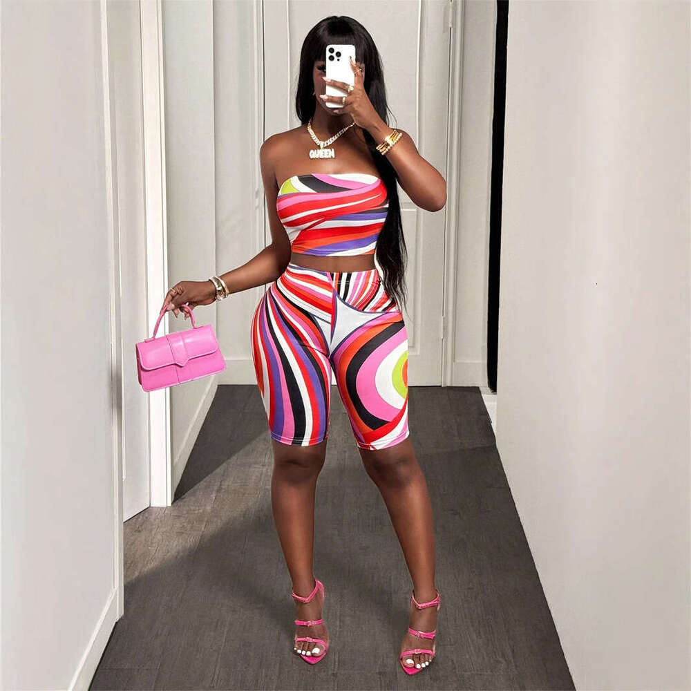 Summer Fashion Color Block Print Sexy Strapless Sleeveless Top Bodycon Short Set B5