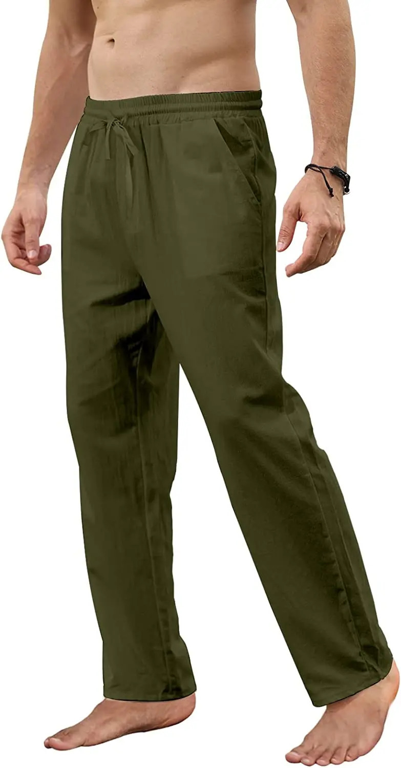 Mens Cotton Linen Pants Loose Autum Casual Pants Male Breathable Solid Color Drawstring Jogger Yoga Long Trousers 250614