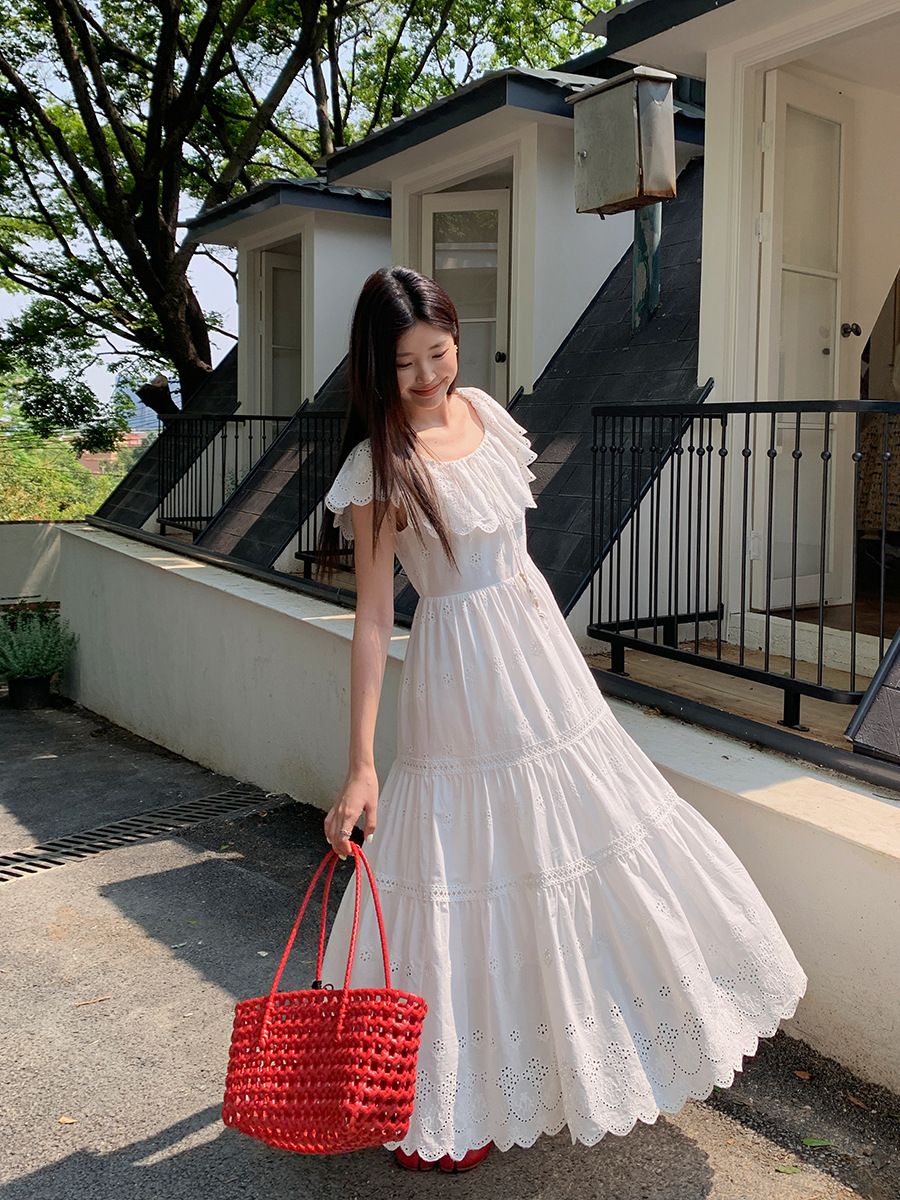 MM50 Summer Tea Break French Temperament Hollow Long Dress Super Fairy Ruffle One Shoulder Dress