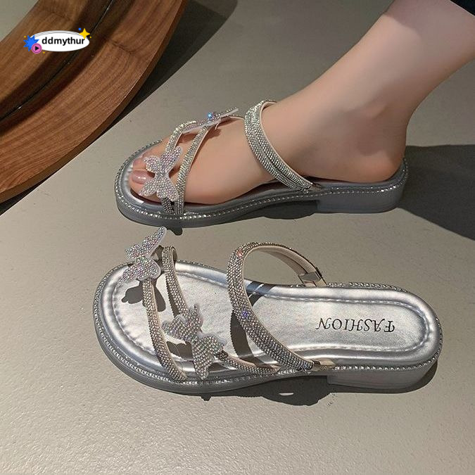 Rhinestone Decorated One-Strap Sandals French 2024 Summer New Outdoor Beach Two-Way Fairy Style Slippers Butterfly Trend ddmythur