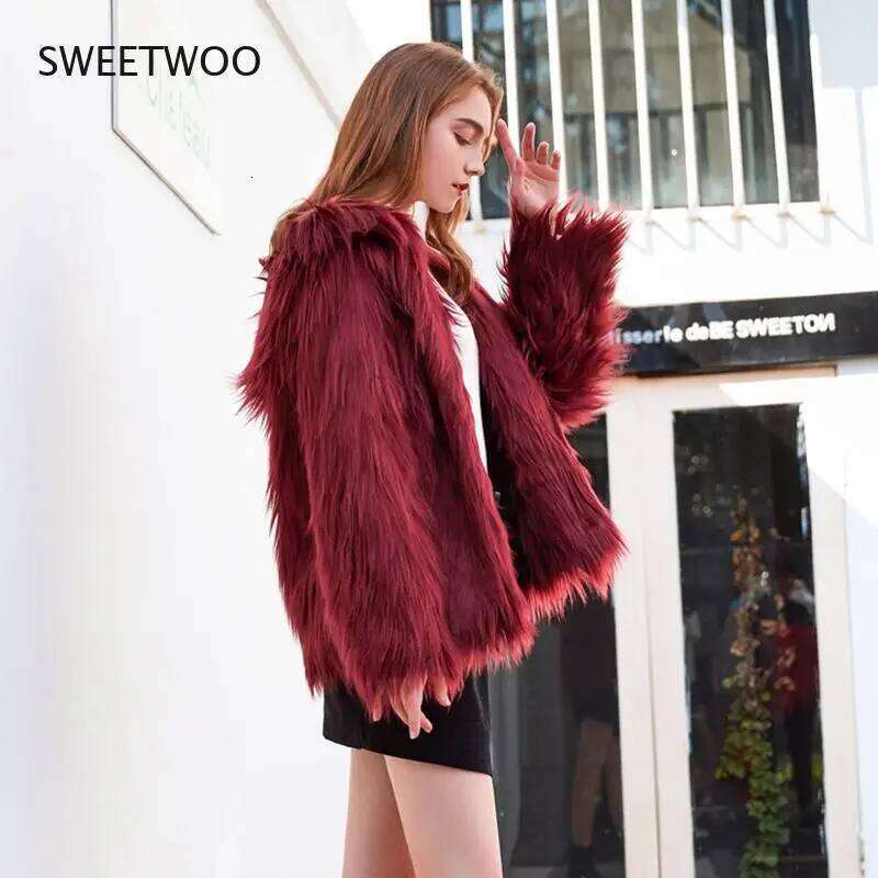 Fluffy Faux Fur Coat with Hood Women Winter Loose Plush Purple Grey Green Red Jacket Ladies Chic Fashion Parka Outwear