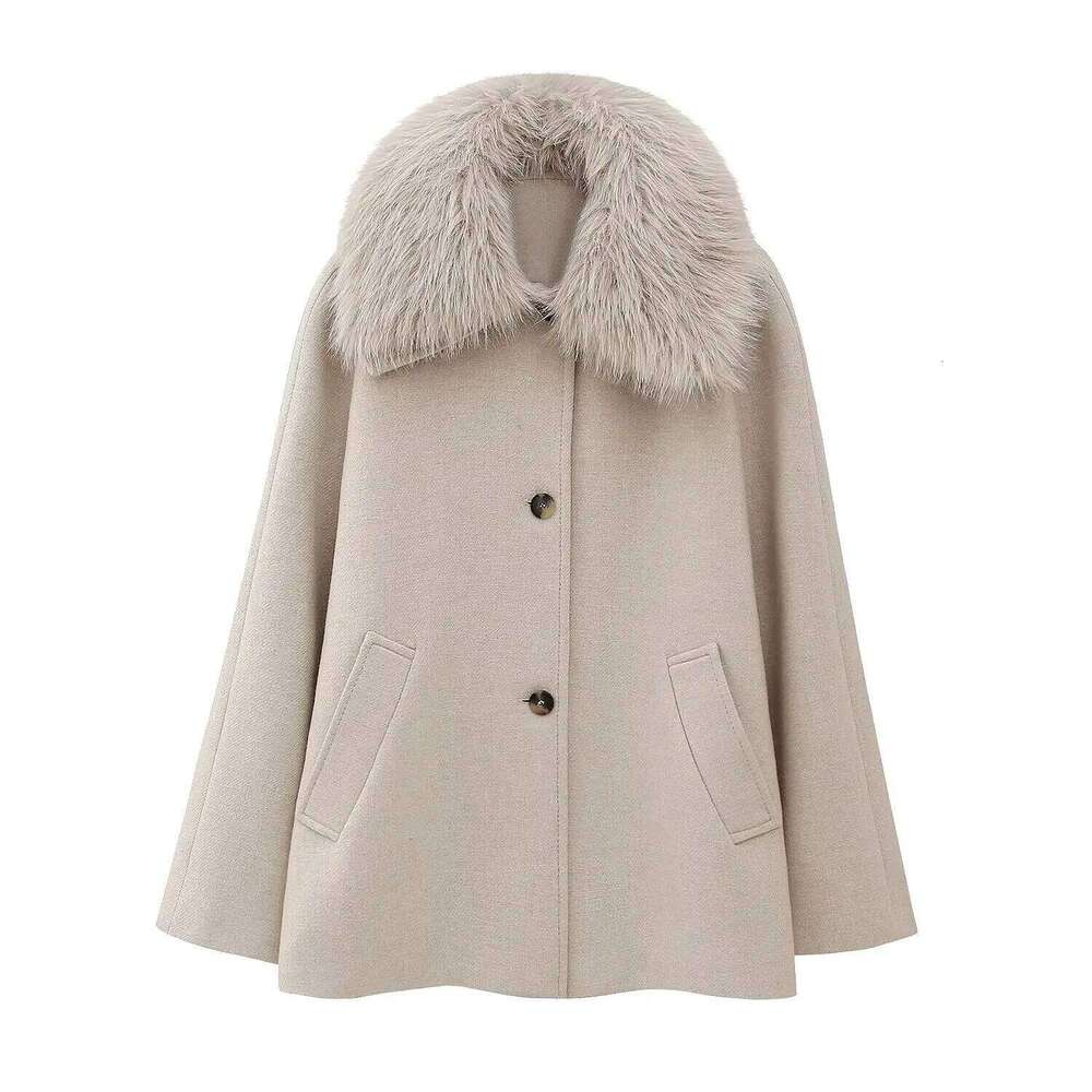PB&ZA women's 2024 autumn and winter new khaki coat detachable fur collar raglan sleeves single breasted mid length jacket