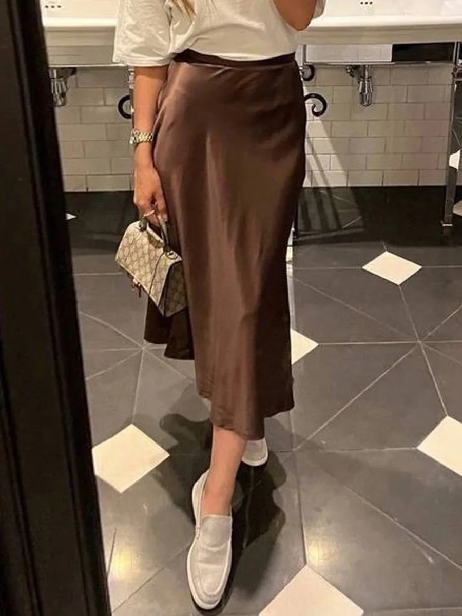 Womens Summer High Waist Skirt Solid Color Long Satin Skirt for Travel Beach Shopping 250614
