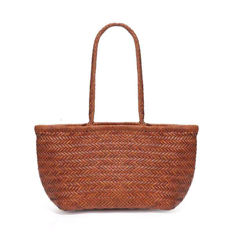 French Ins Style Vegetable Basket Hand-Woven First Layer Of Cowhide Leather Retro Hand-Held Mother-And-Child Tote Rattan Bag