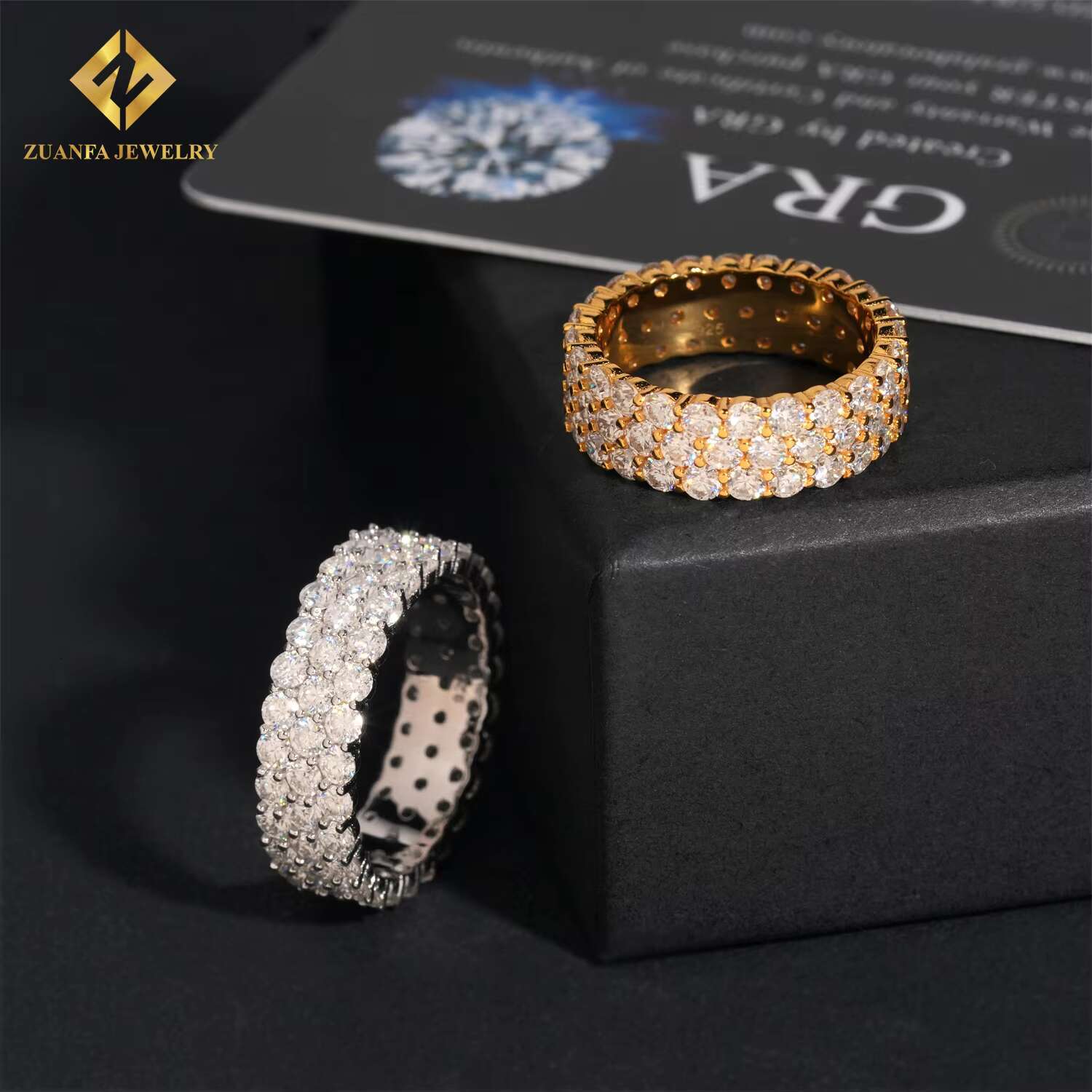 3 Rows Trendy Men Moissanite Diamond Ring Iced Out Hip Hop Hoop Ring