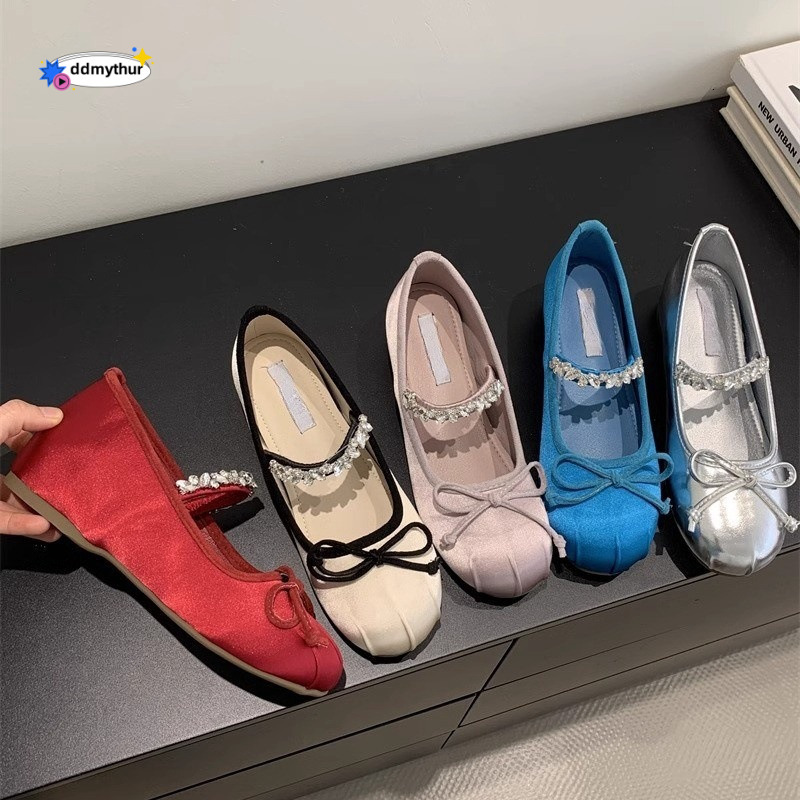 Petite Height Increasing Mary Jane Shoes 2025 New French Style Gentle Fairy Satin Rhinestone Ballet Flats ddmythur