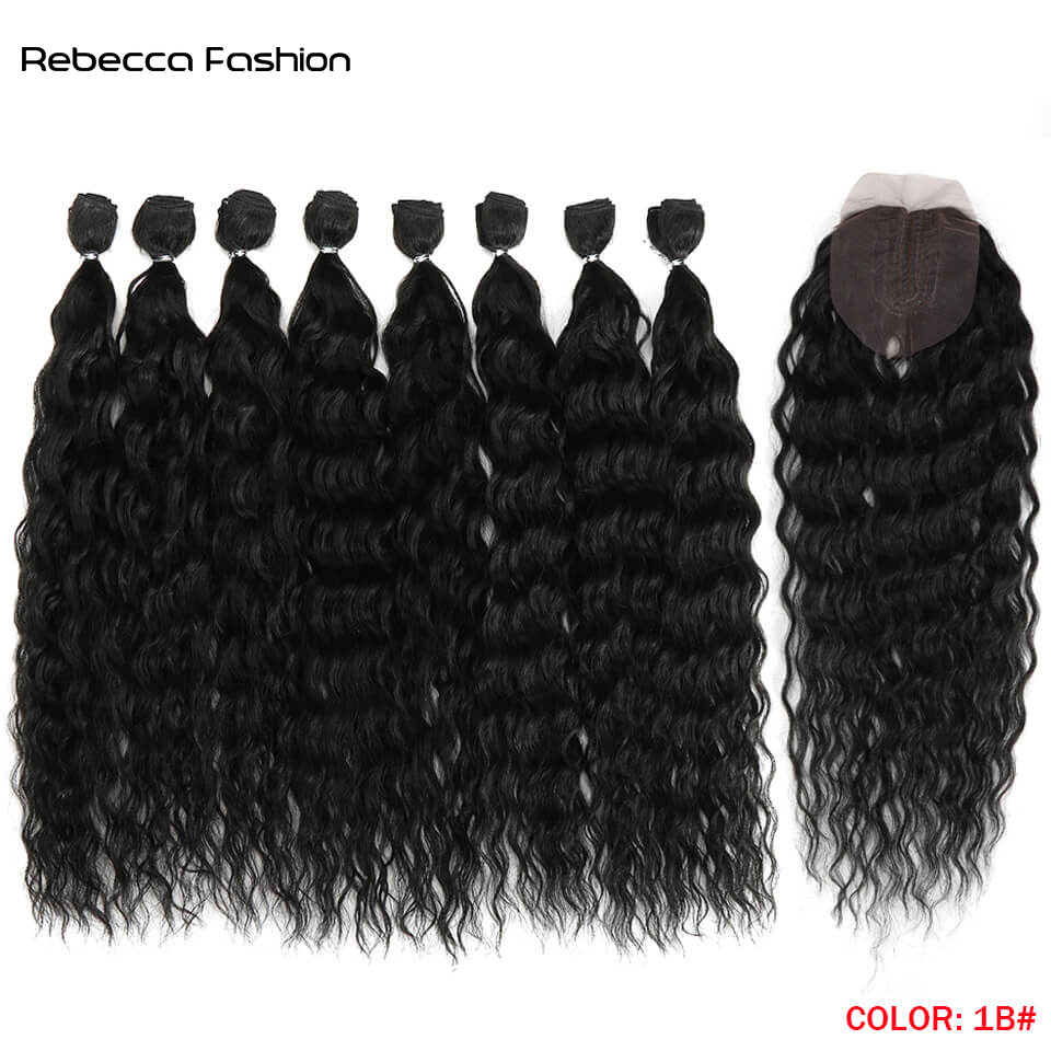 Rebecca Fashion Synthetic Hair Water Wave Bundles With Closure Curly Hair 20 Inch 9Pcs High Temperature Fiber Cosplay For Women