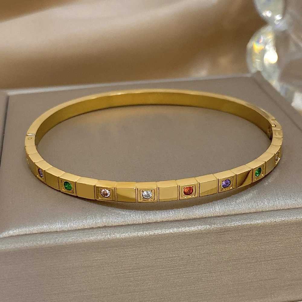 New Inlaid Square Small Colored Zircon Stainless Steel Bangle for Women Luxury Gold Plated Cubic Zirconia Z250616