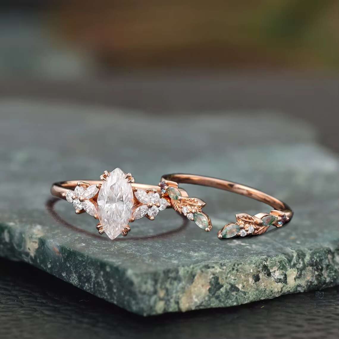 Vintage Style Premium Rose Gold Marquise Cut Moissanite Diamond Studded Rings for Bridal Anniversary Gifting Options